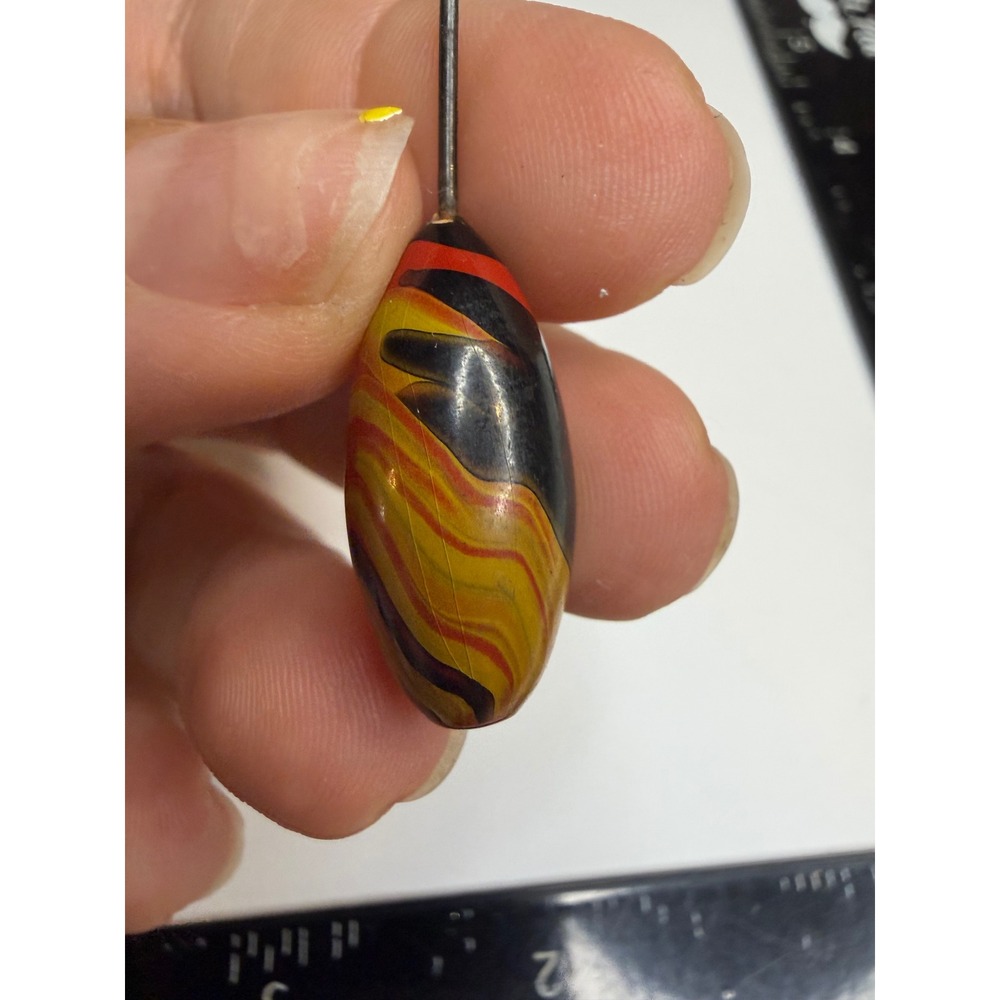 Vintage Marbled Hat Pin Red Yellow Black Swirl Teardrop Millinery Pin